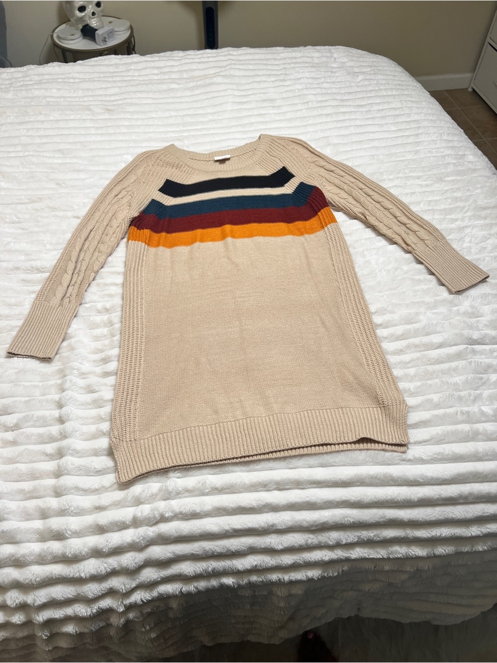 LulaRoe beige Cable-Knit Sweater Dress with Multicolor Stripes